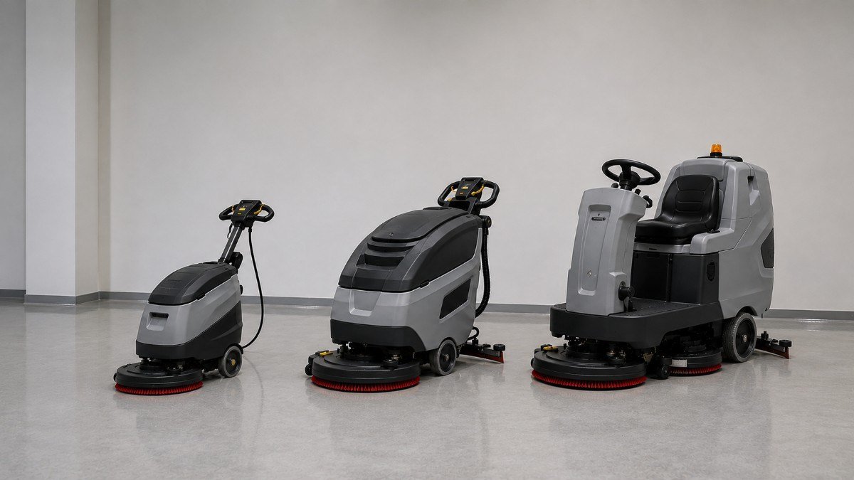 Floor Scrubber Machine lineup with three different sizes for commercial floor cleaning