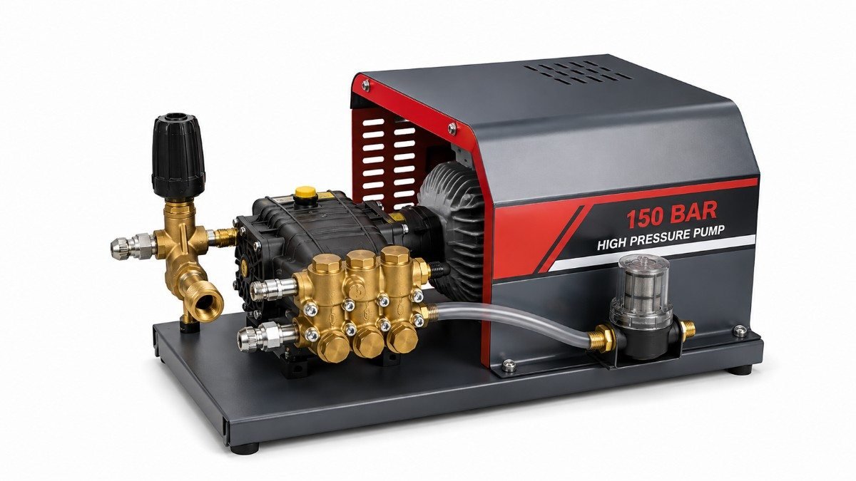 Pressure washer pump with brass fittings, motor and protective metal enclosure