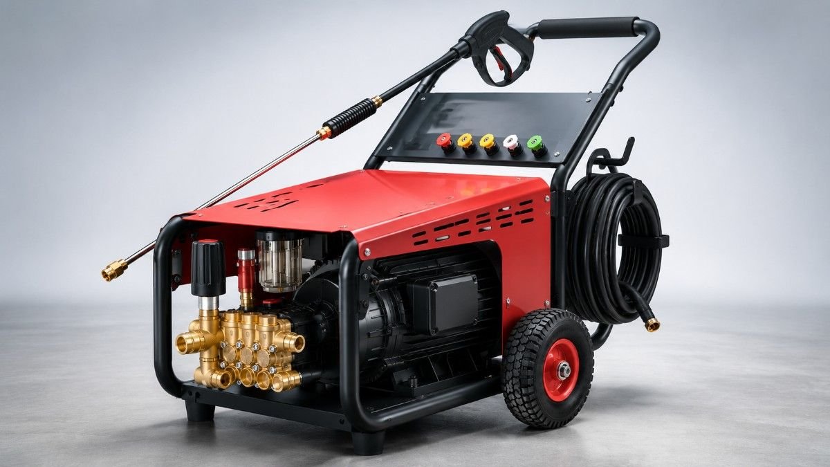 Industrial pressure washer with electric motor, hose reel and spray lance
