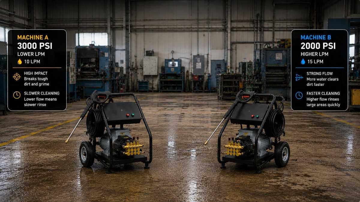 Pressure Washer PSI and LPM guide with two industrial cleaning machines